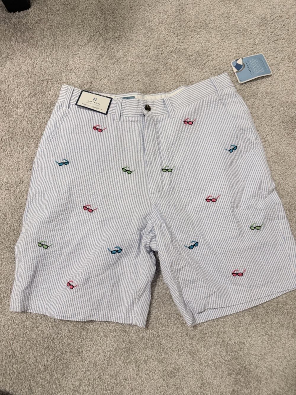 Castaway White Seersucker Shorts with Multicolor Sunglass Embroidery